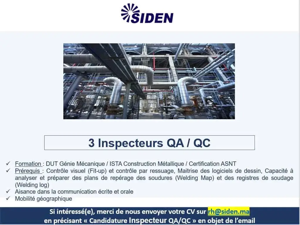 SIDEN recrute 3 Inspecteurs QA / QC