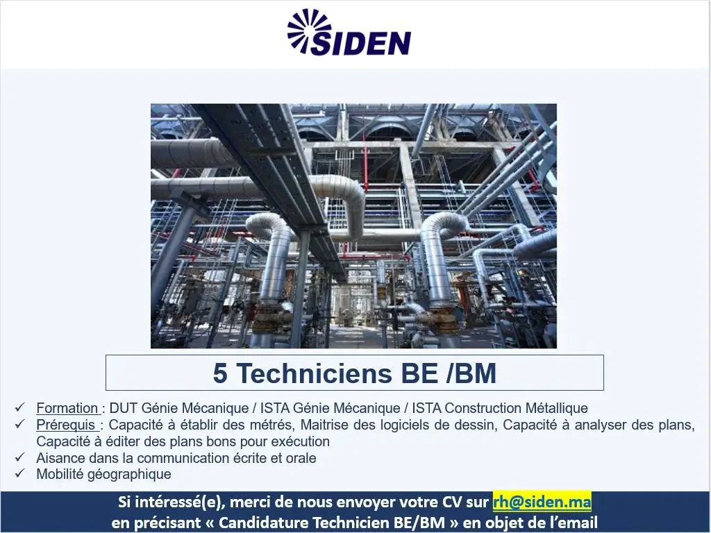 SIDEN recrute : 5 Technicien BE/BM – Construction Métallique (min. 2 ans d’exp.)