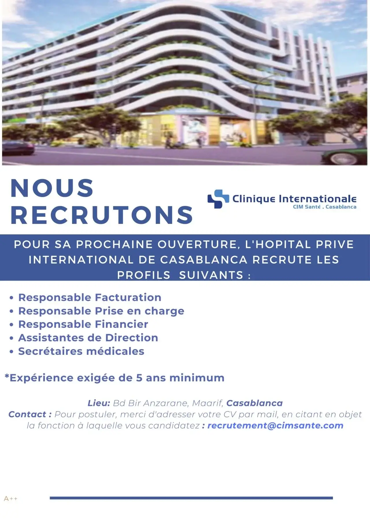 Clinique Internationale CIM Santé recrutement Casablanca