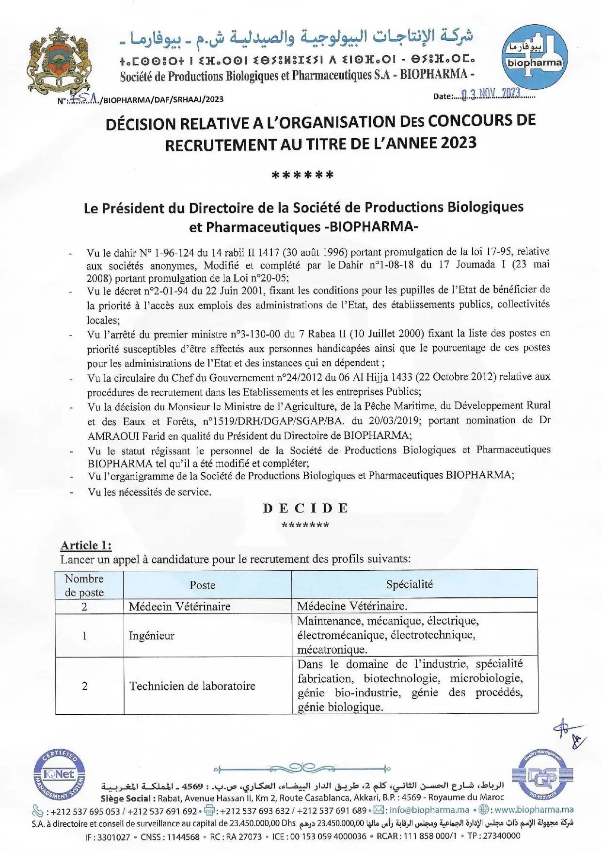 Concours de recrutement Biopharma 2023 (05 postes)