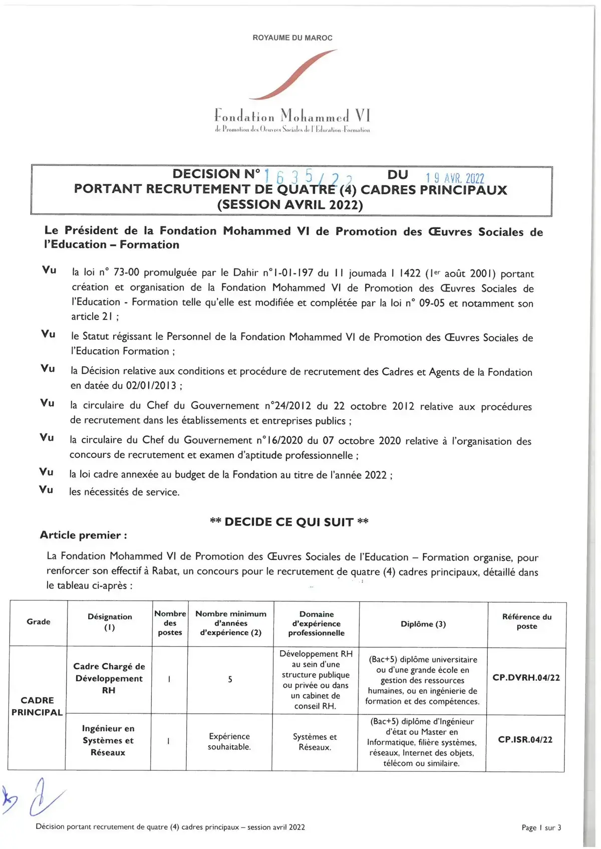 Concours Fondation Mohammed VI 2022 (04 postes)