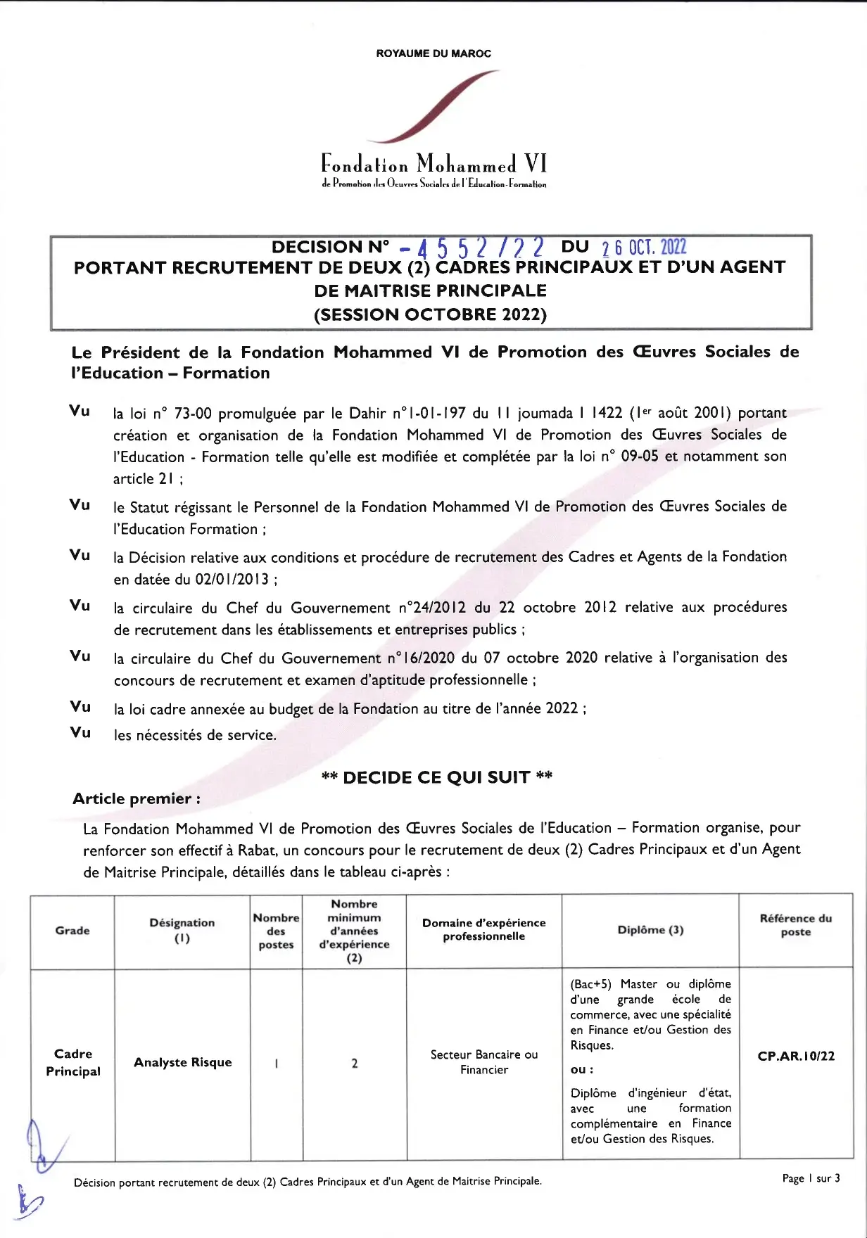 Concours Fondation Mohammed VI 2022 (03 postes)