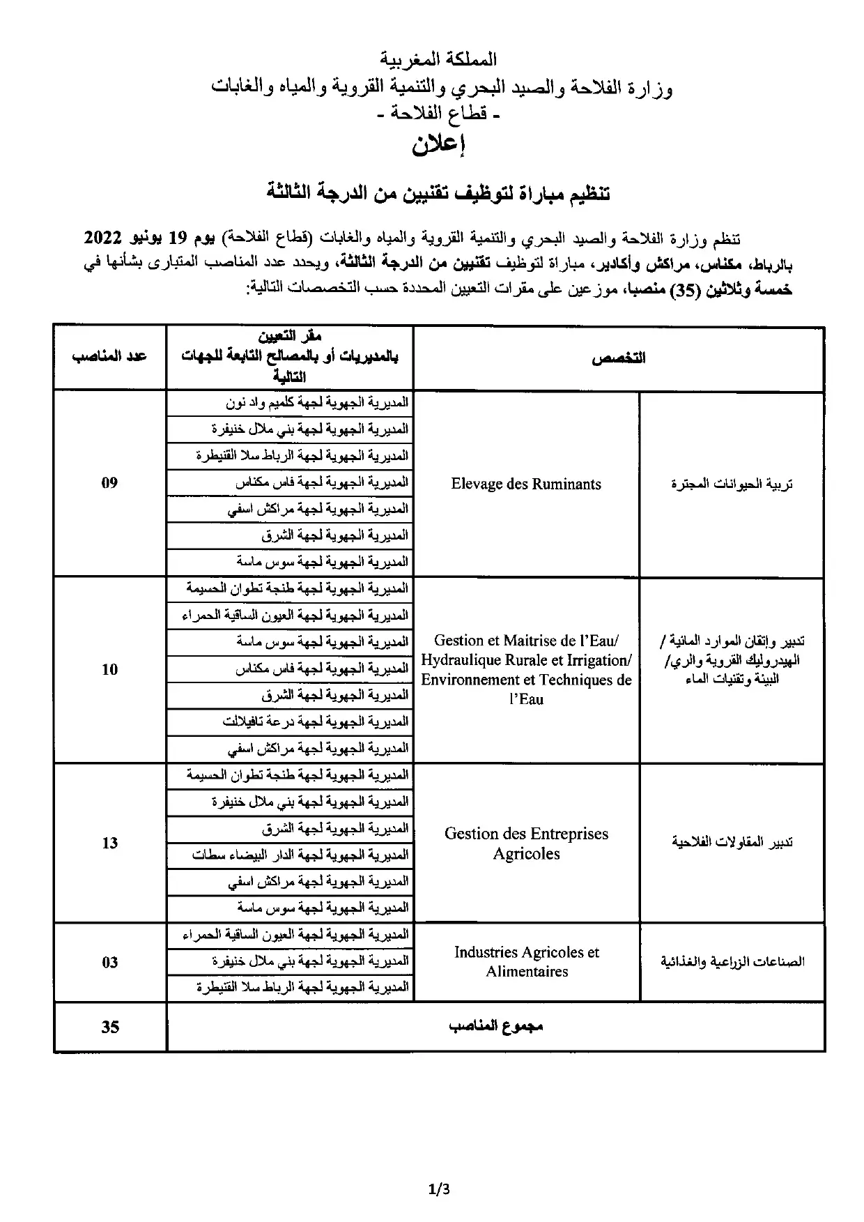 Concours de recrutement de Technicien de 3ème grade (35 postes) au Ministère de l’Agriculture
