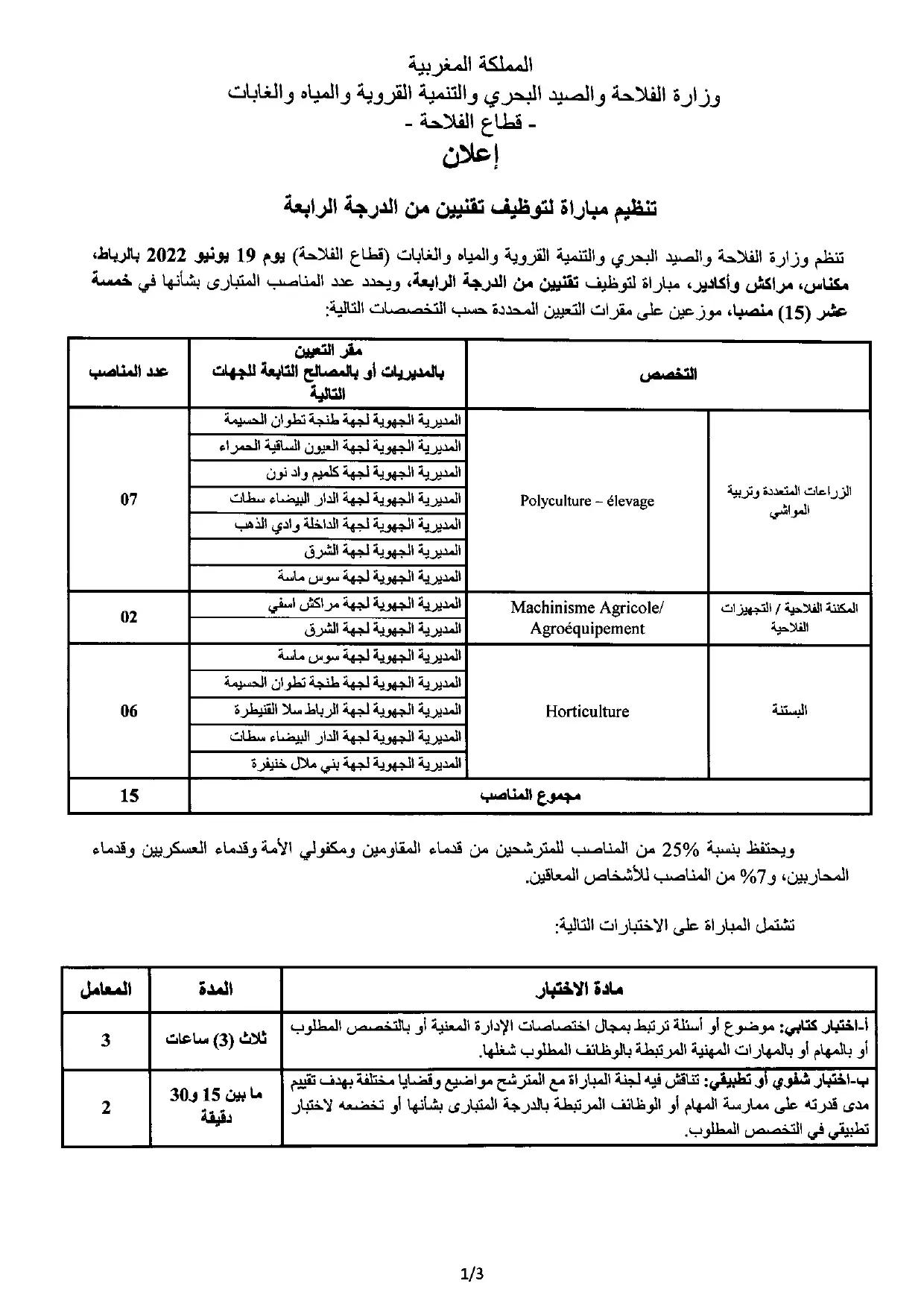 Concours de recrutement de Technicien de 4ème grade (15 postes) au Ministère de l’Agriculture