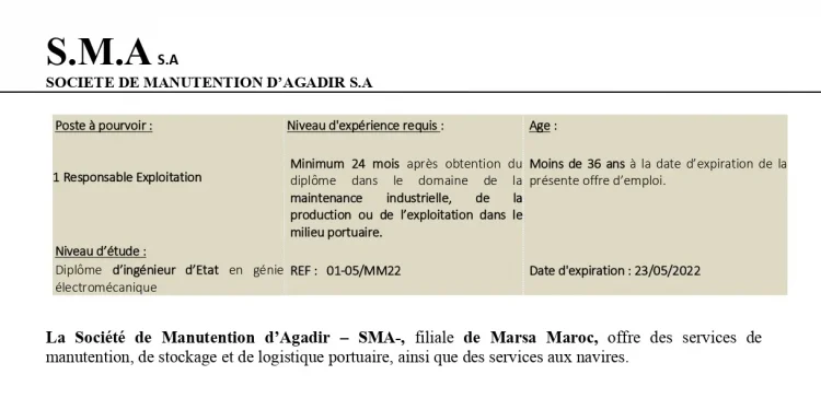 Société de Manutention d'Agadir SMA recrute un Responsable Exploitation