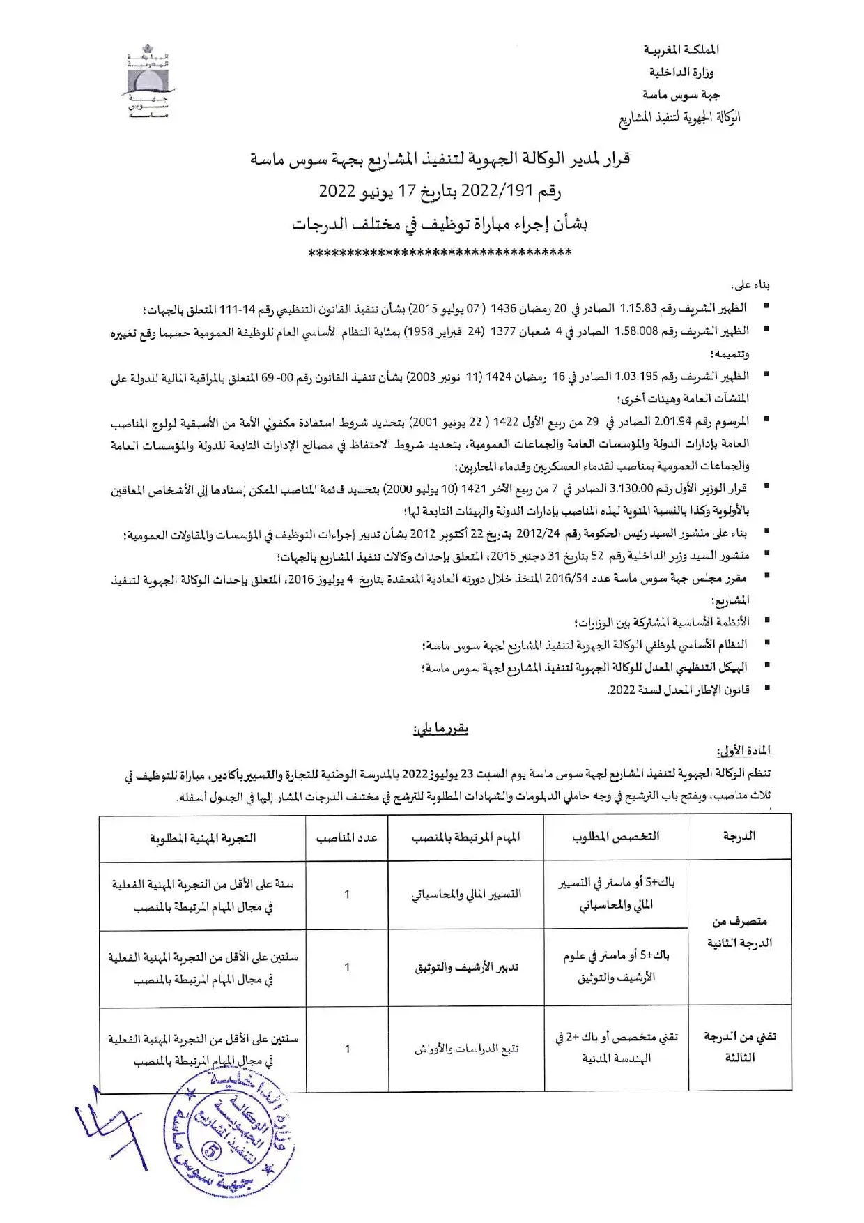 Concours Agence Régionale d'Exécution des Projets AREP Souss Massa