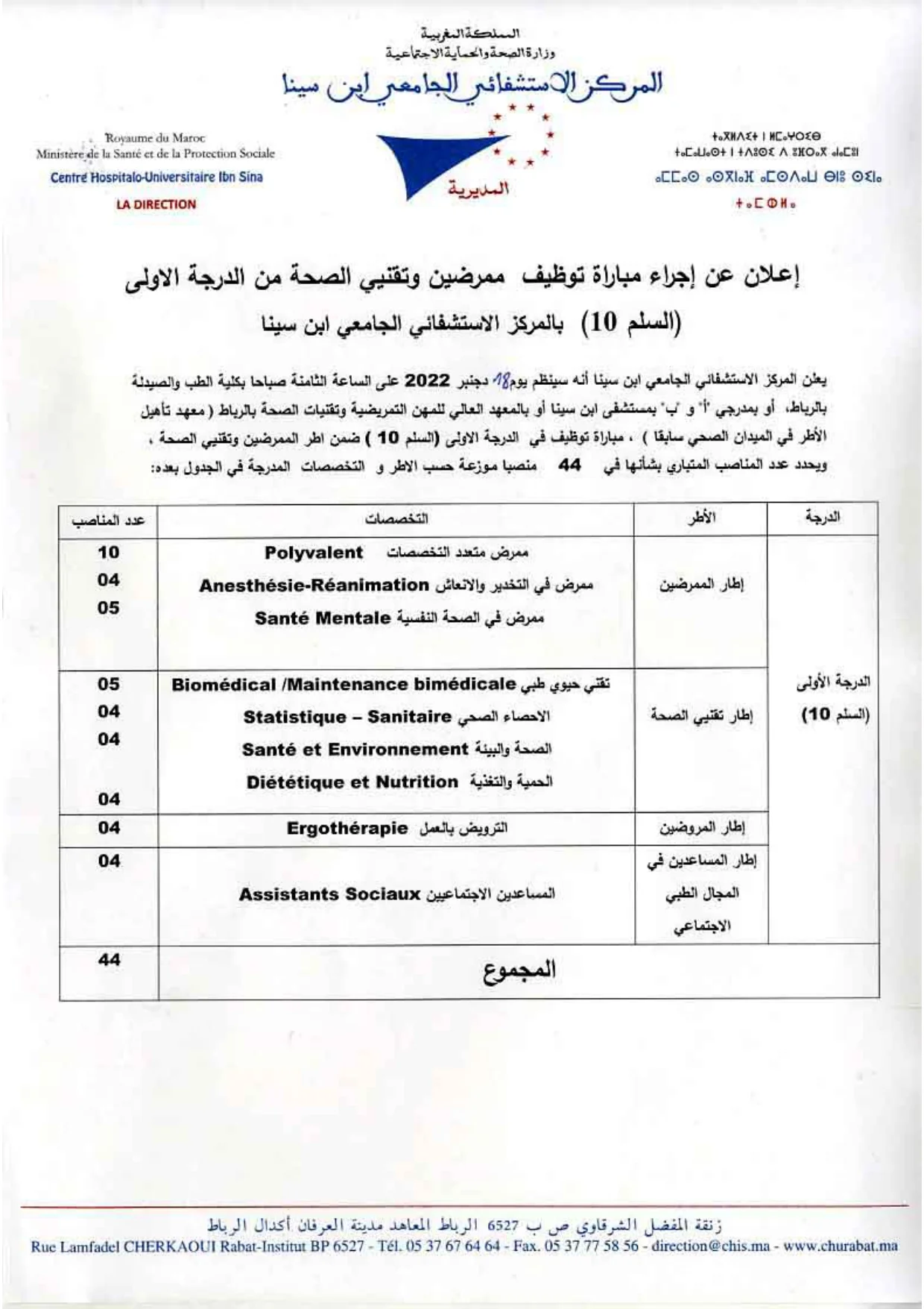 Concours de recrutement CHU Ibn Sina 2022