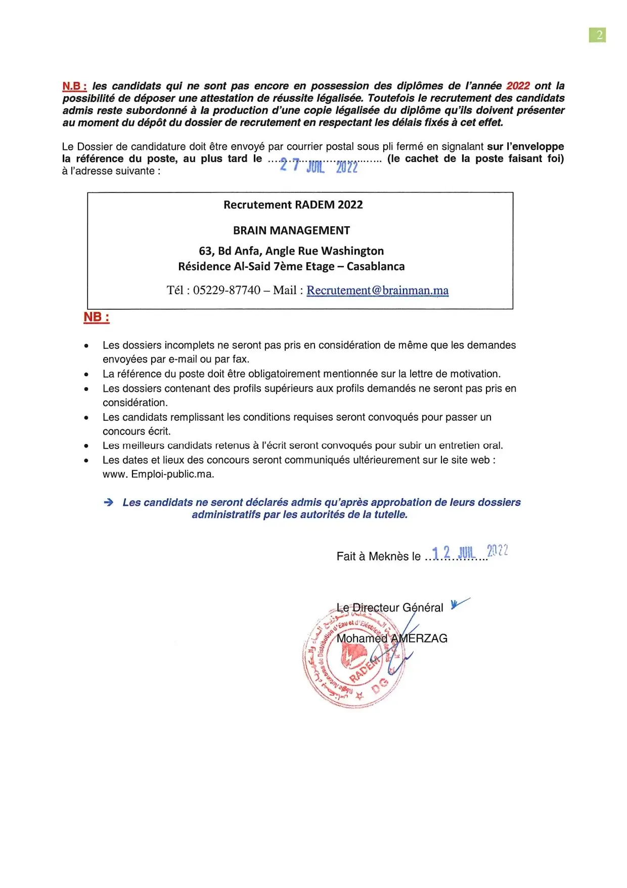 Concours de recrutement Radem Meknès 2022 (27 postes)