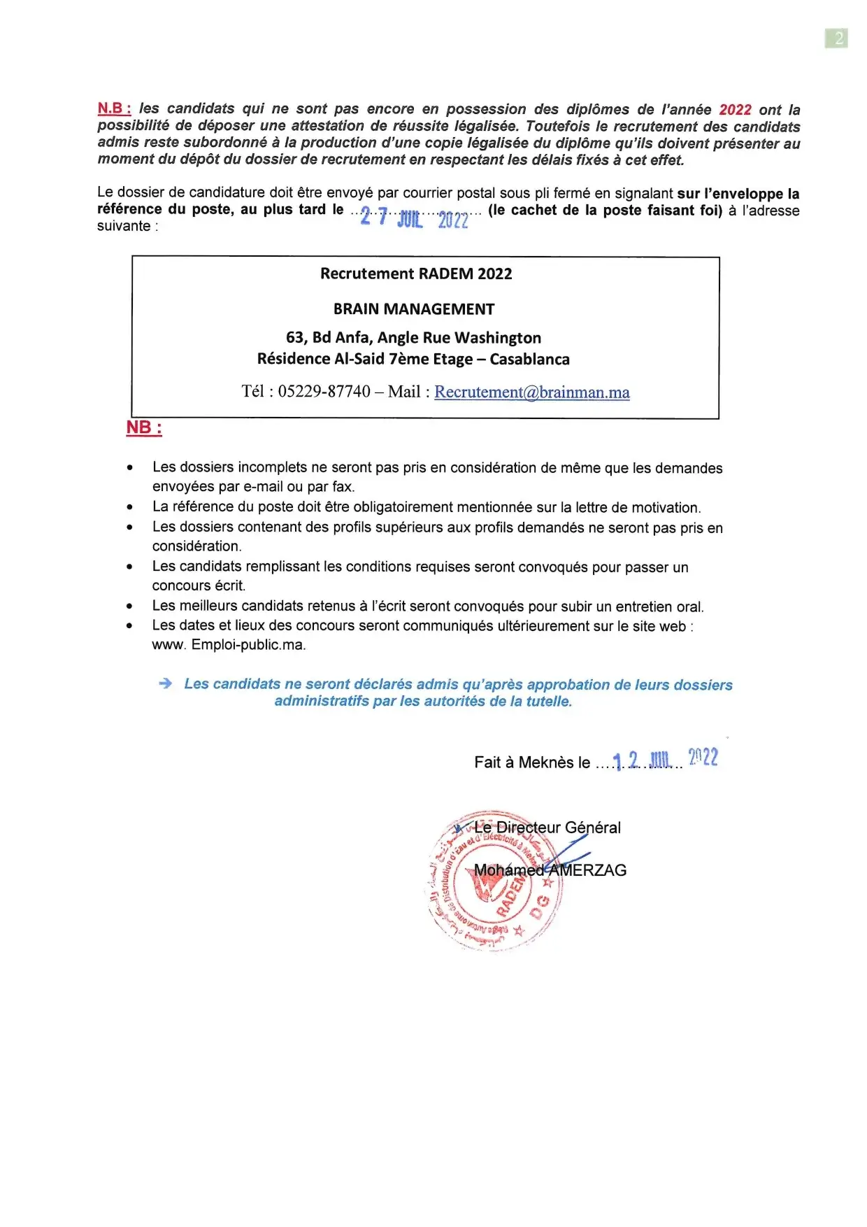 Concours de recrutement Radem Meknès 2022 (27 postes)