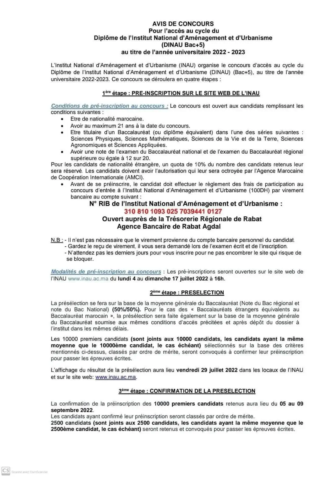 Inscription Concours INAU 2022
