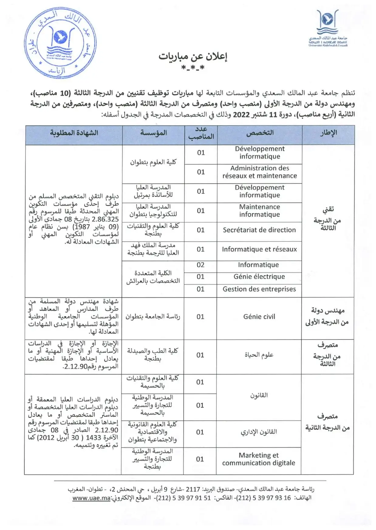 Concours Université Abdelmalek Essaadi 2022 (16 postes)