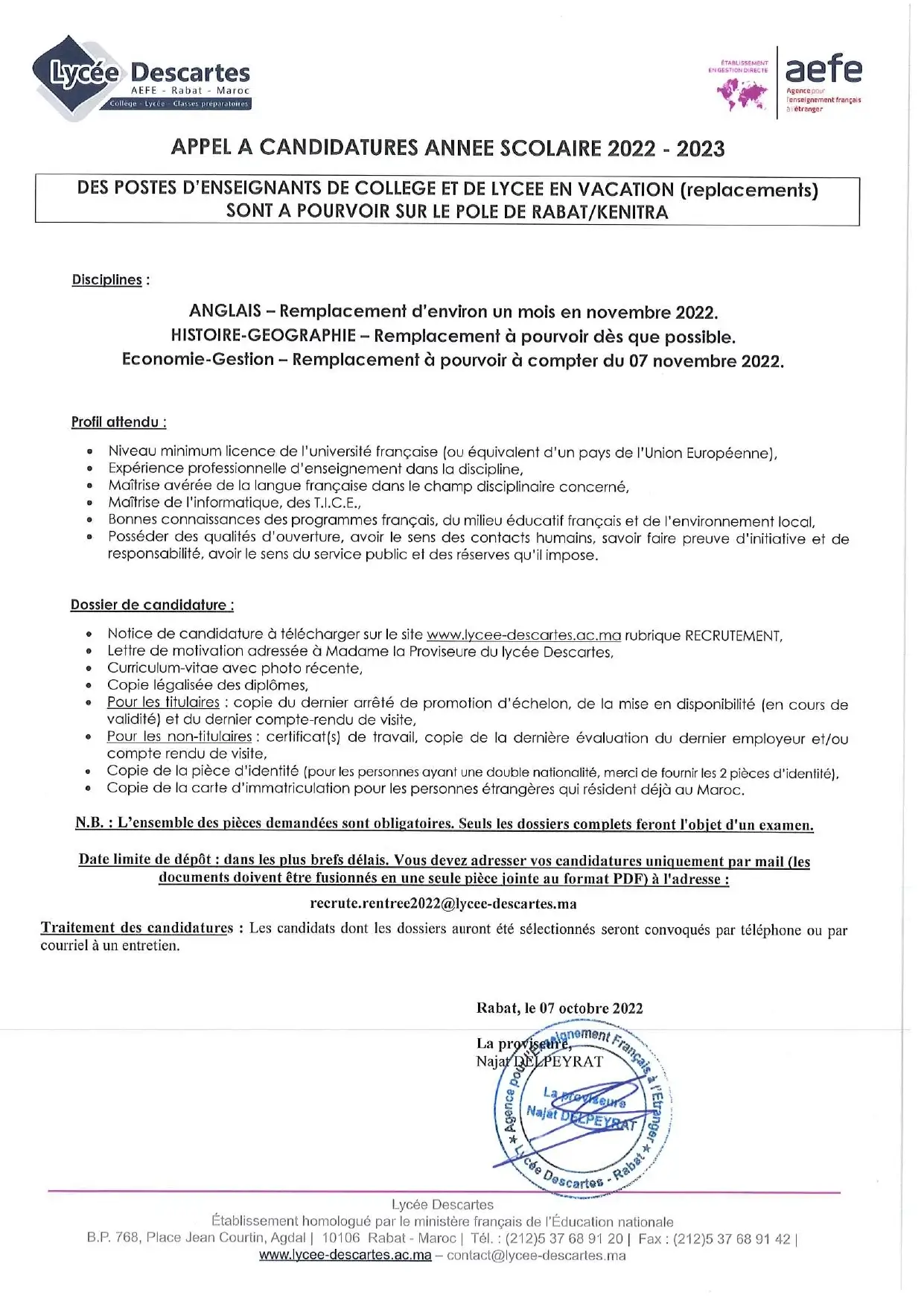 Lycée Descartes Maroc recrute des Enseignants