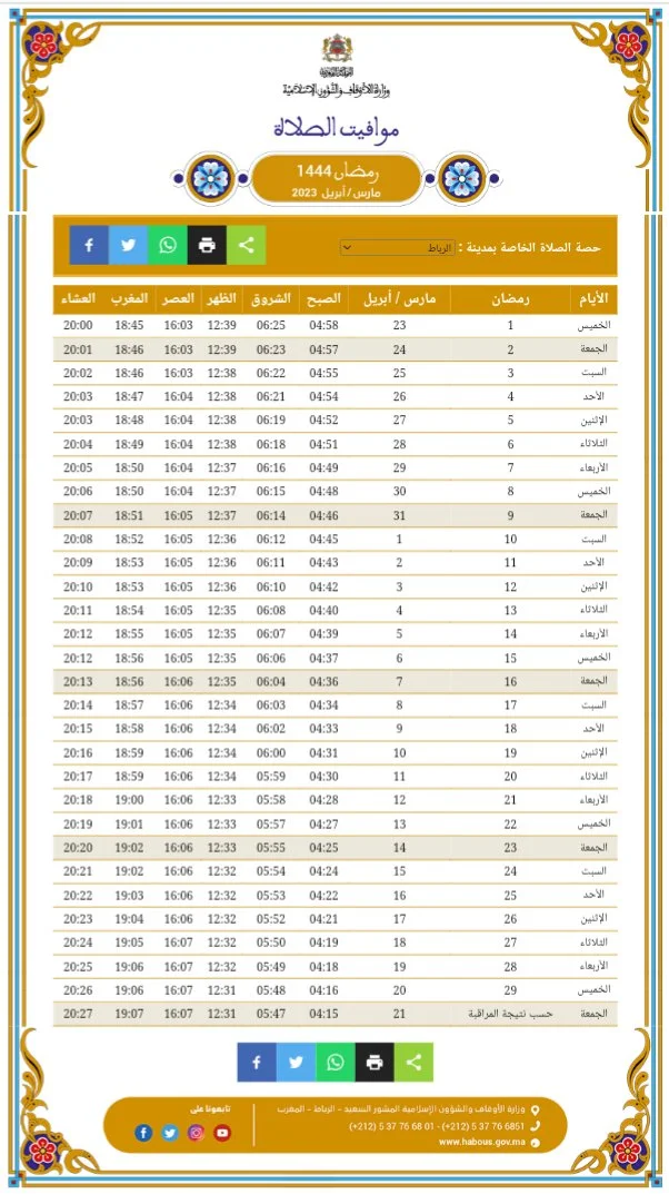 حصة أوقات الصلاة لشهر رمضان 1444 حسب توقيت وزارة الاوقاف