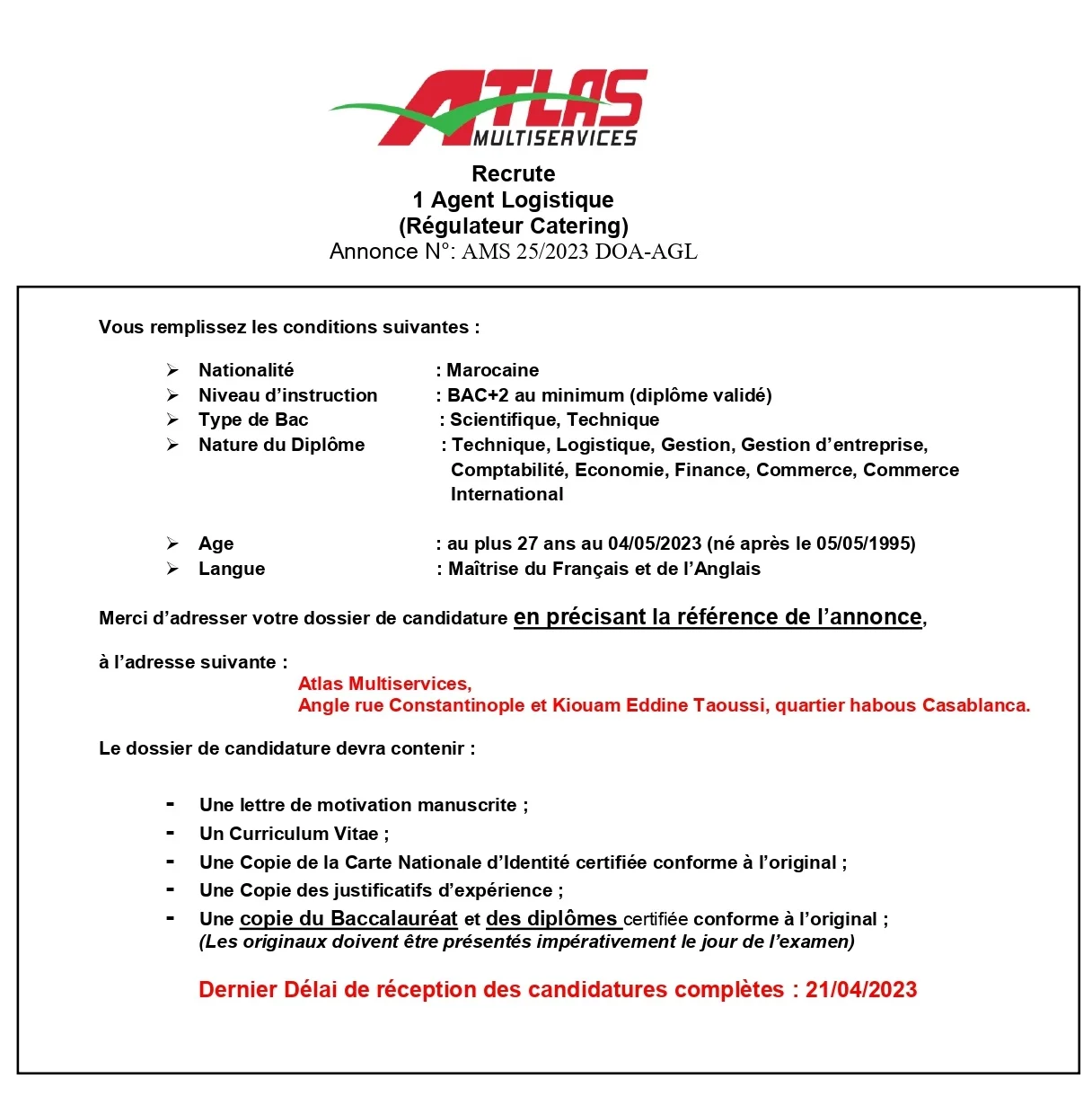 ATLAS Multiservices recrute Agent Logistique BAC+2