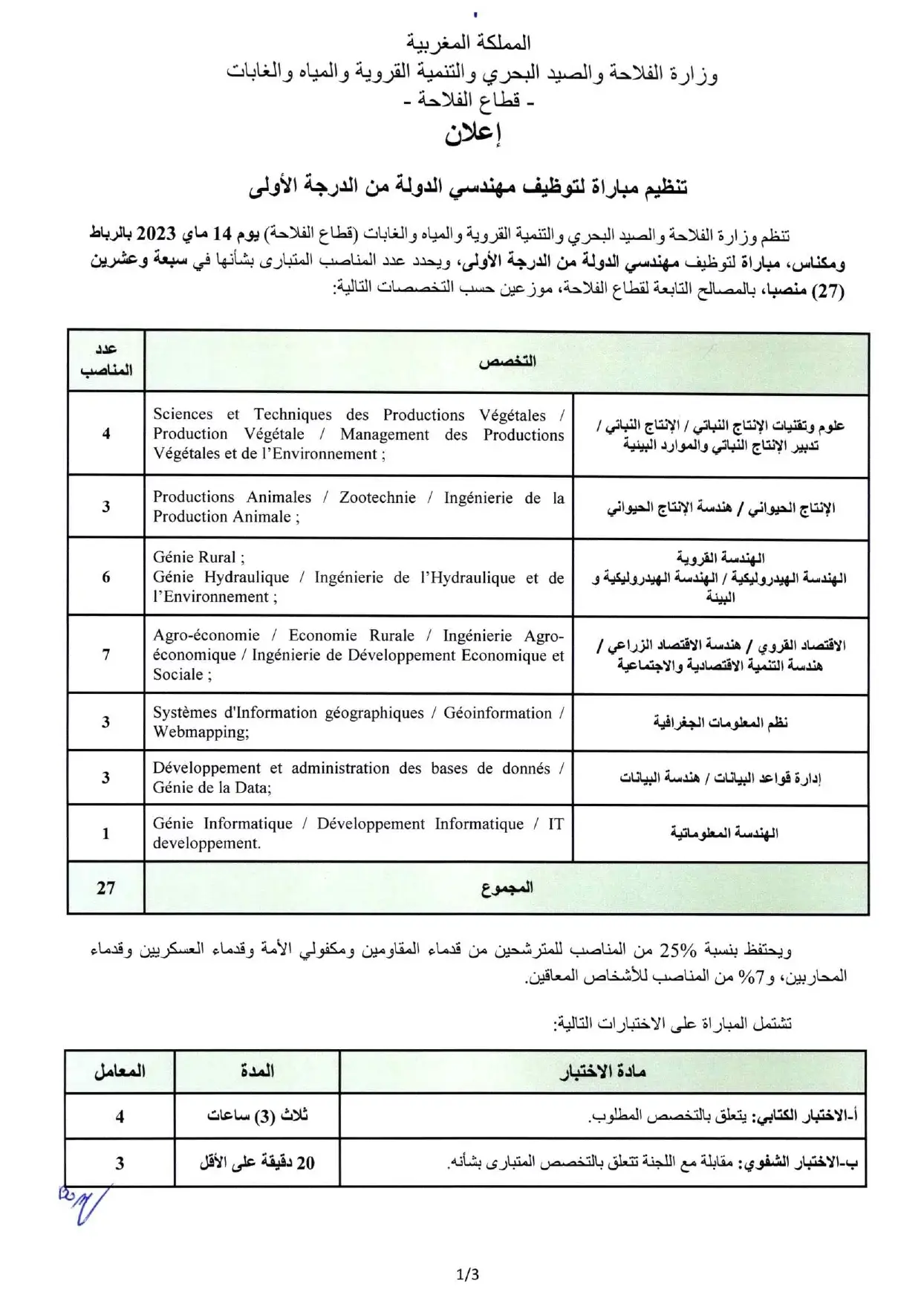 Concours Ministère de l'Agriculture 2023 (27 postes)