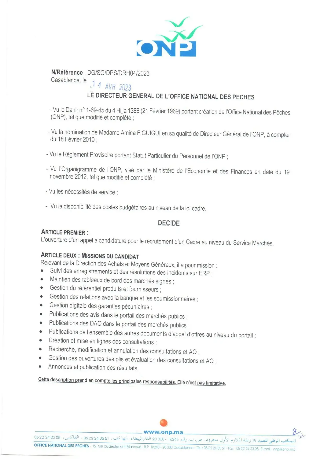 Concours de recrutement ONP Office National des Pêches 2023