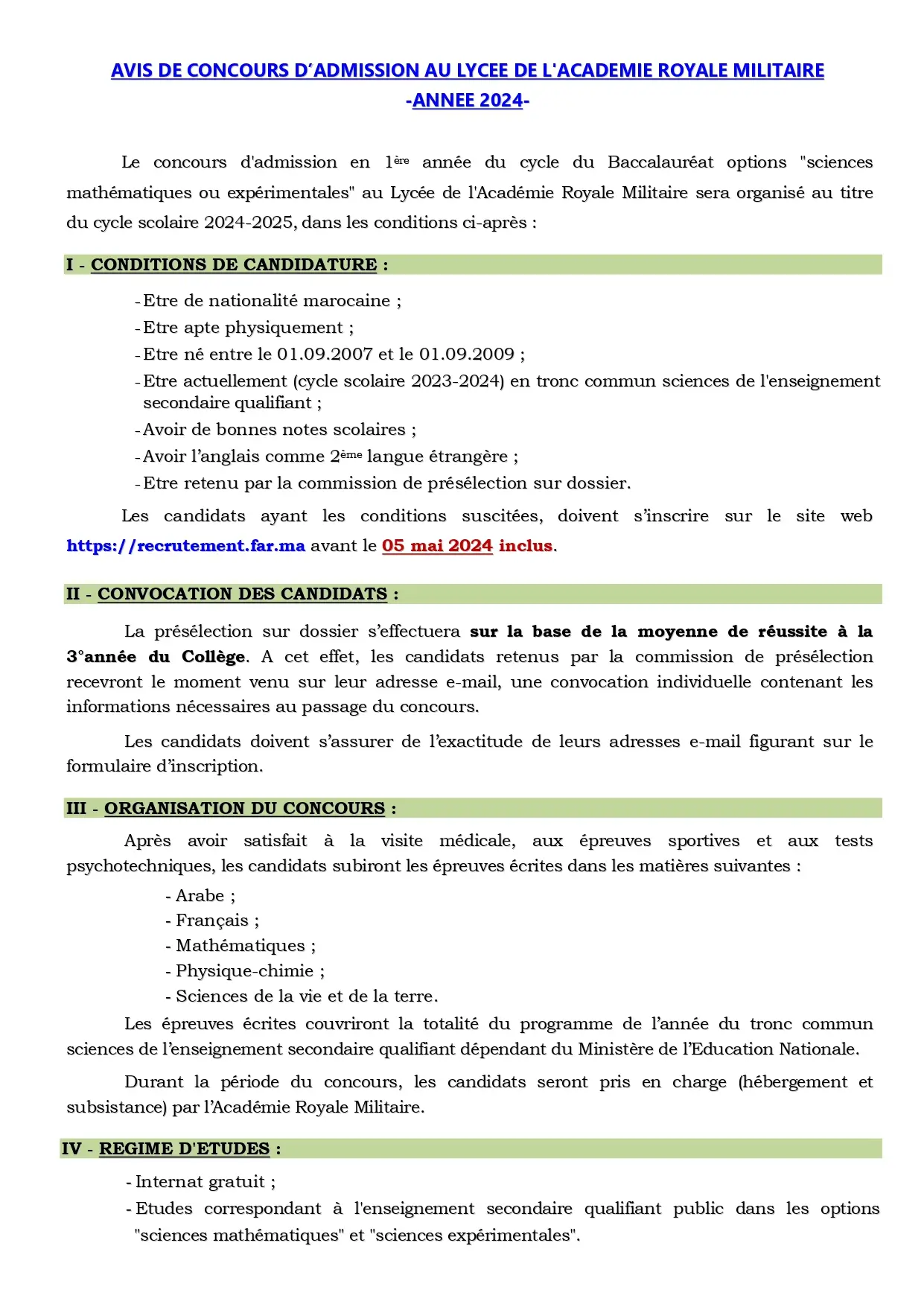 Inscription Concours Lycée de l'Académie Royale Militaire 2024
