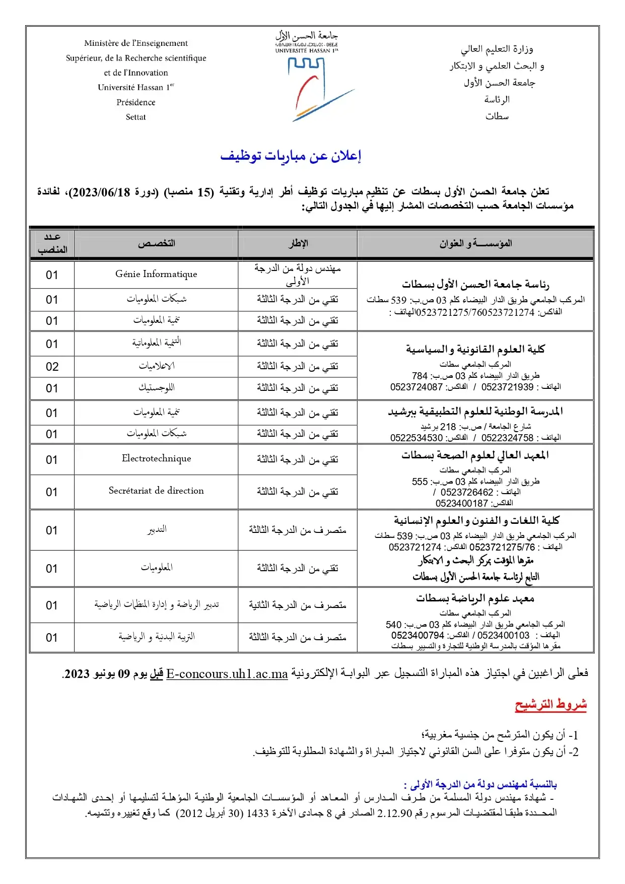 Concours Université Hassan 1er Settat 2023 (15 postes)