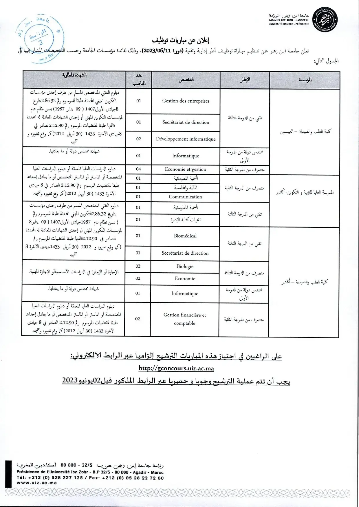 Concours Université Ibn Zohr 2023
