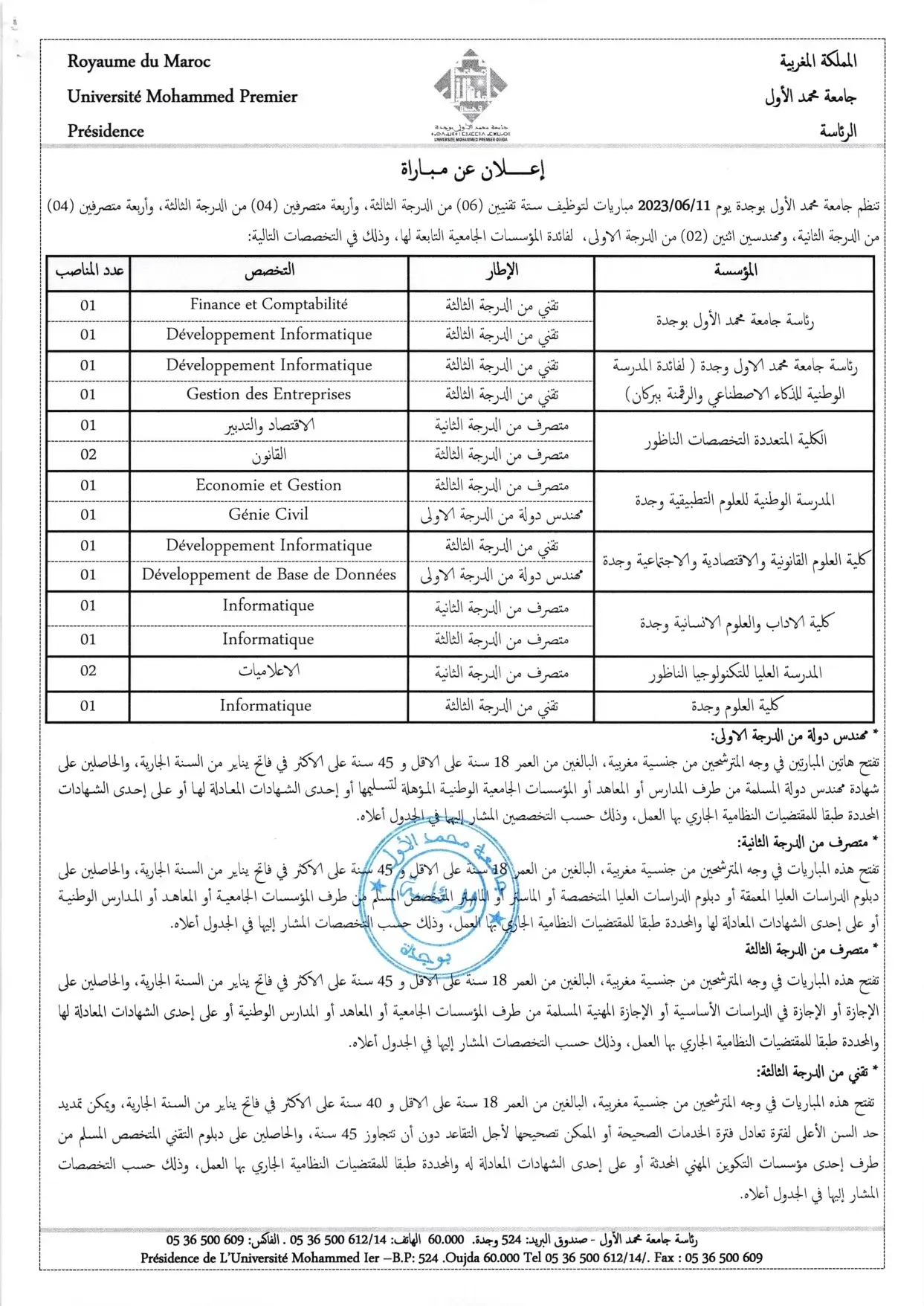 Concours Université Mohammed Premier 2023 (16 postes)
