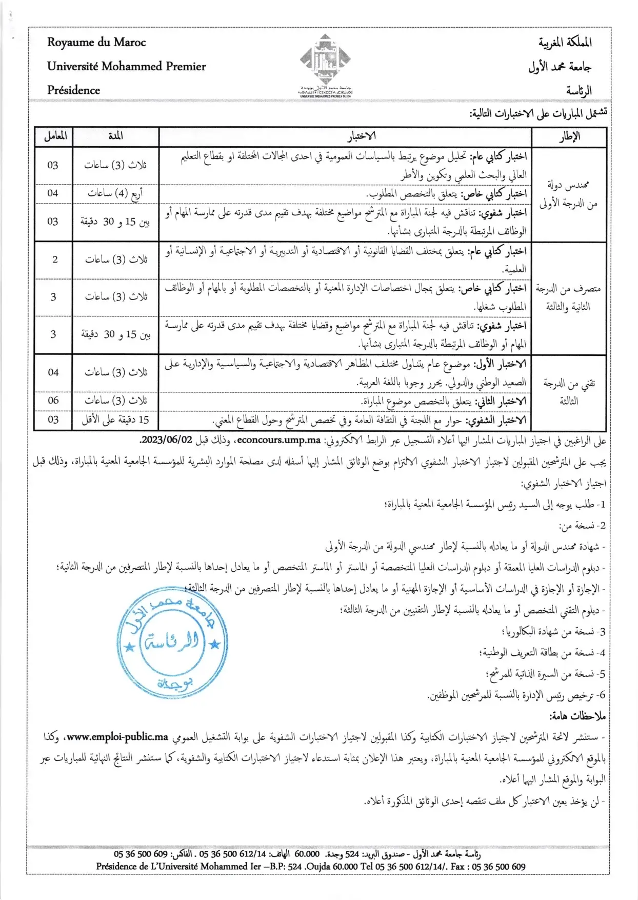 Concours Université Mohammed Premier 2023 (16 postes)