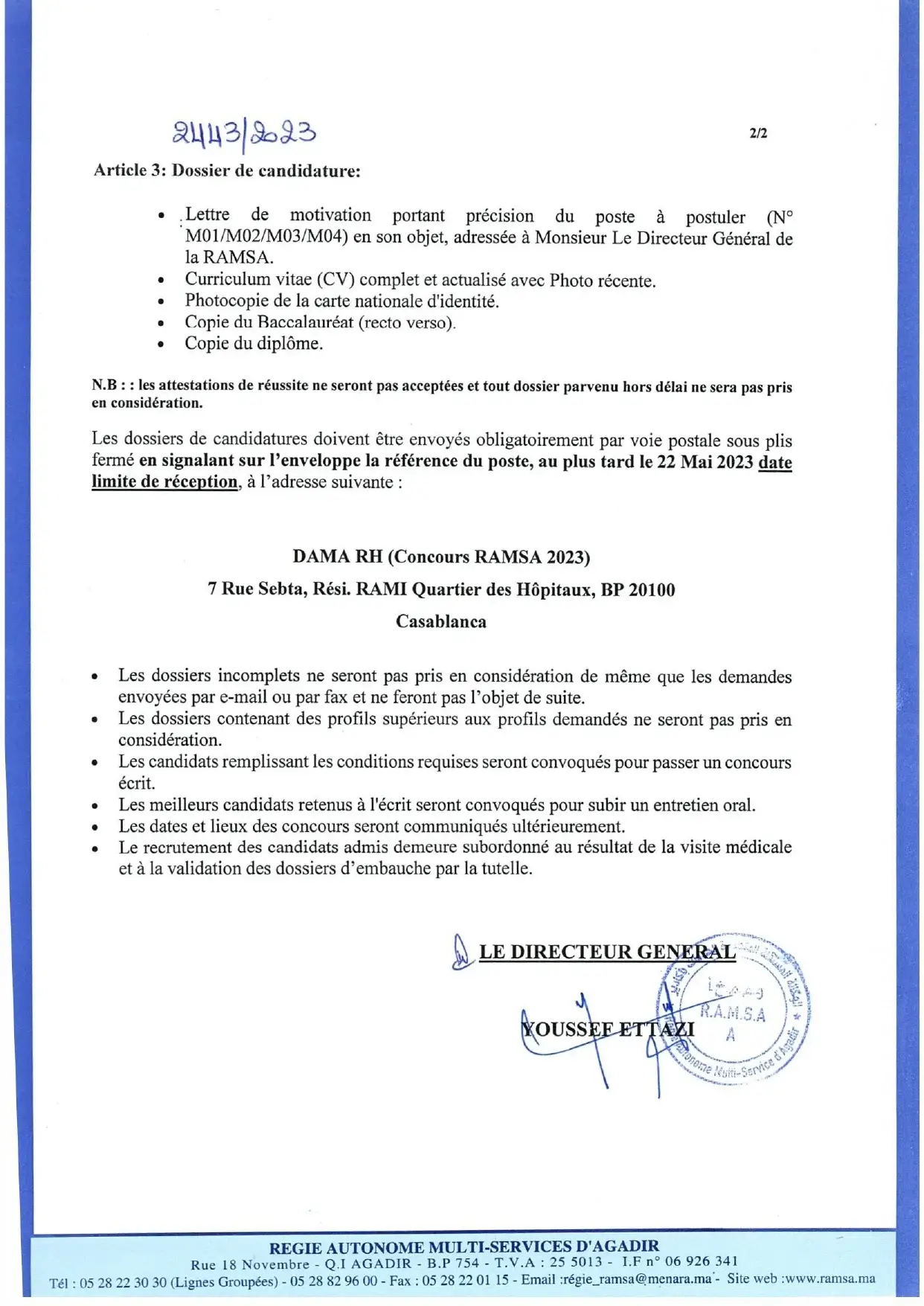 Concours de Recrutement RAMSA Agadir 2023