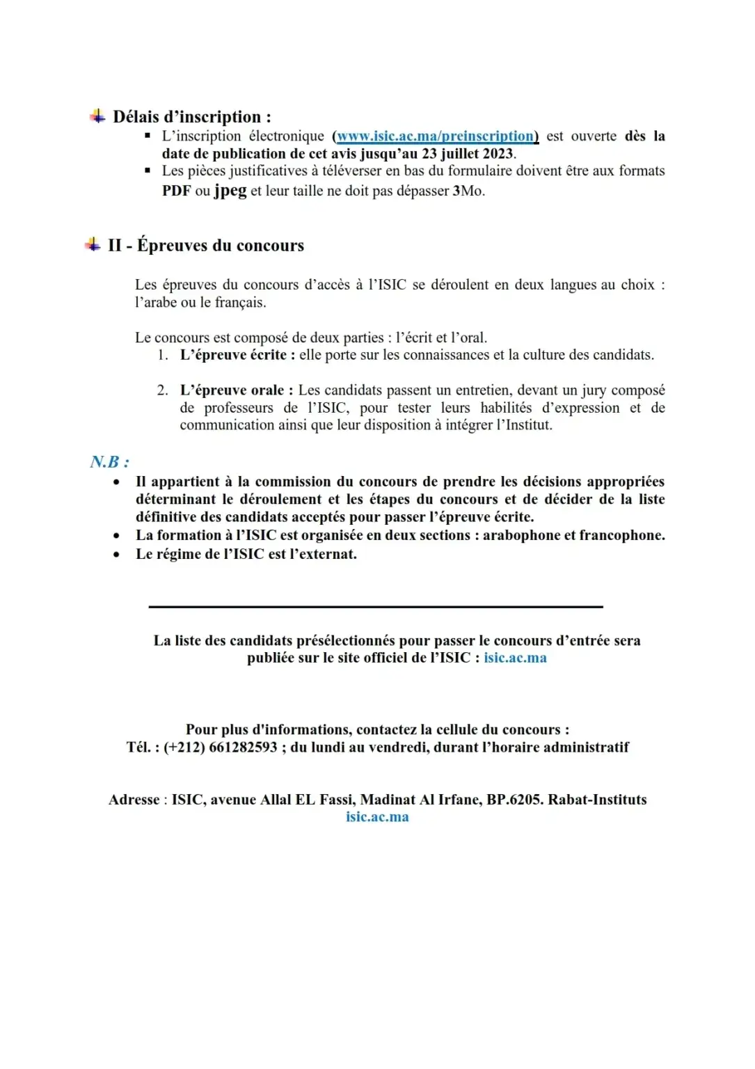 Inscription Concours ISIC Rabat 2023/2024