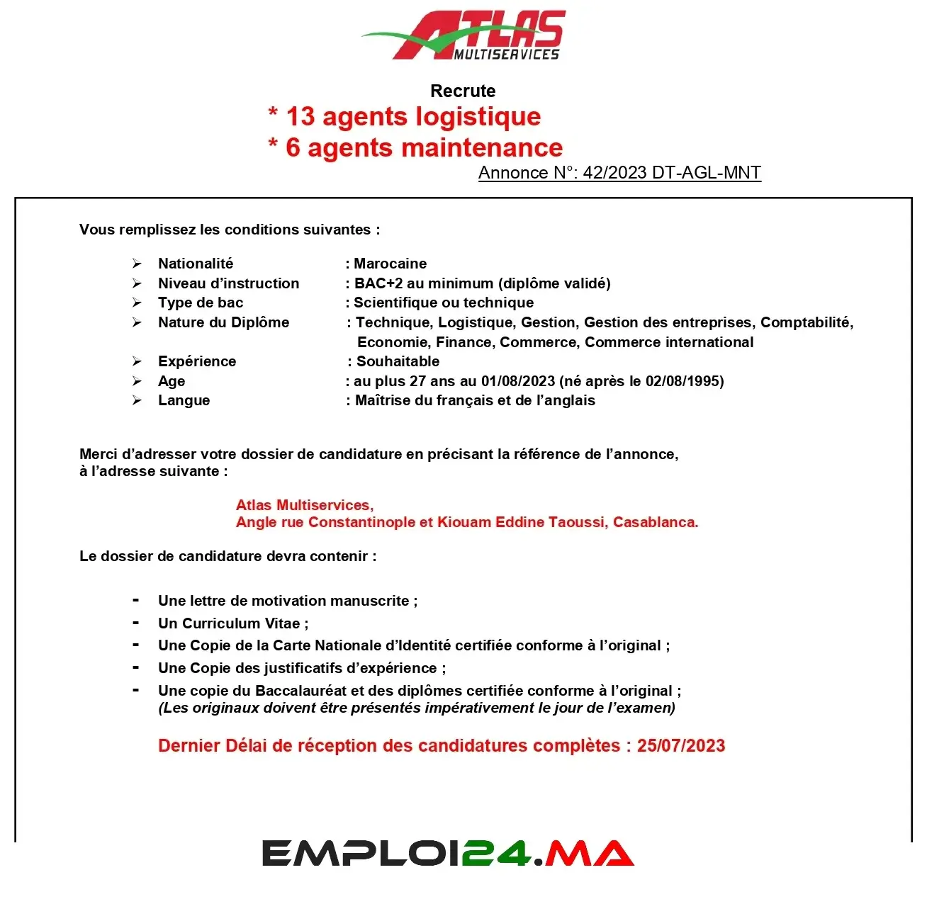 Atlas Multiservices des Agents Maintenance et Logistique