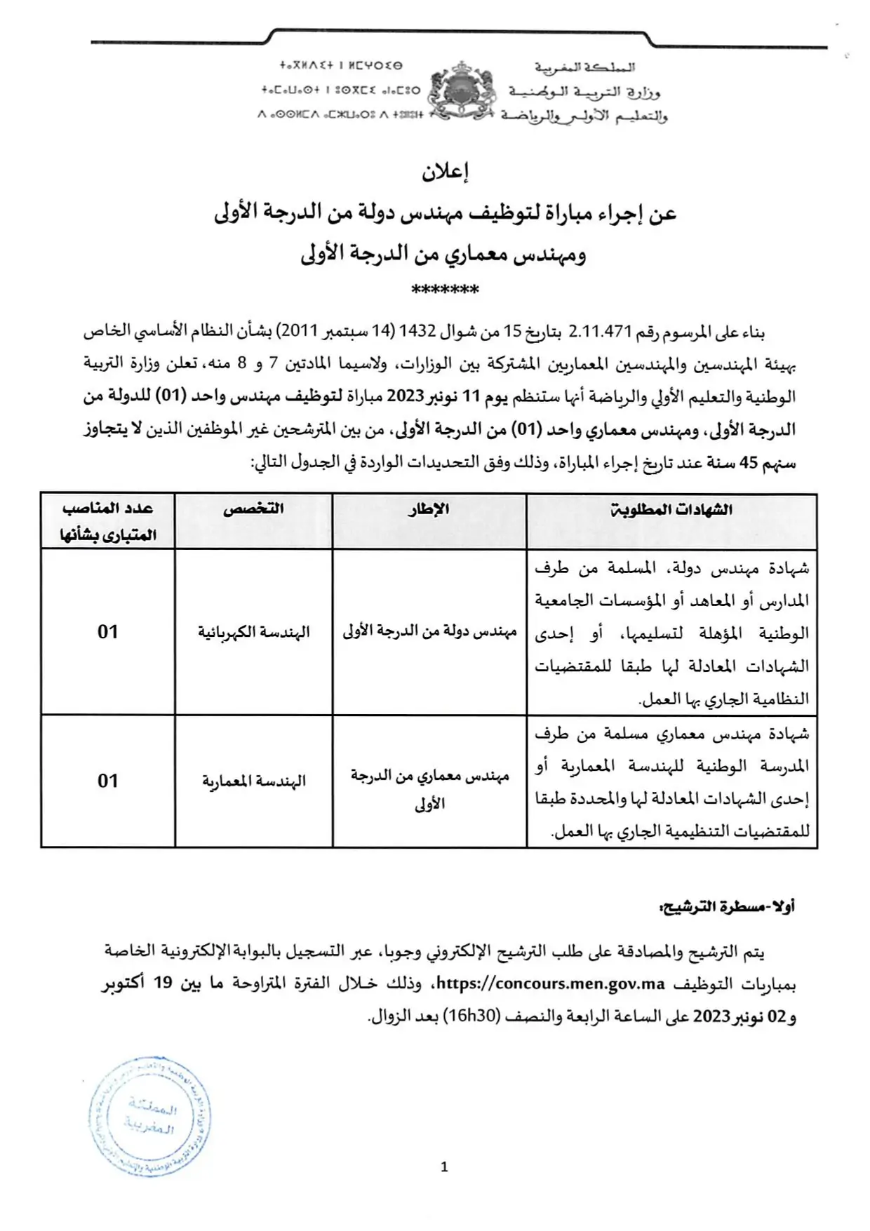 Concours Ministère de l'Education 2023 (36 postes)