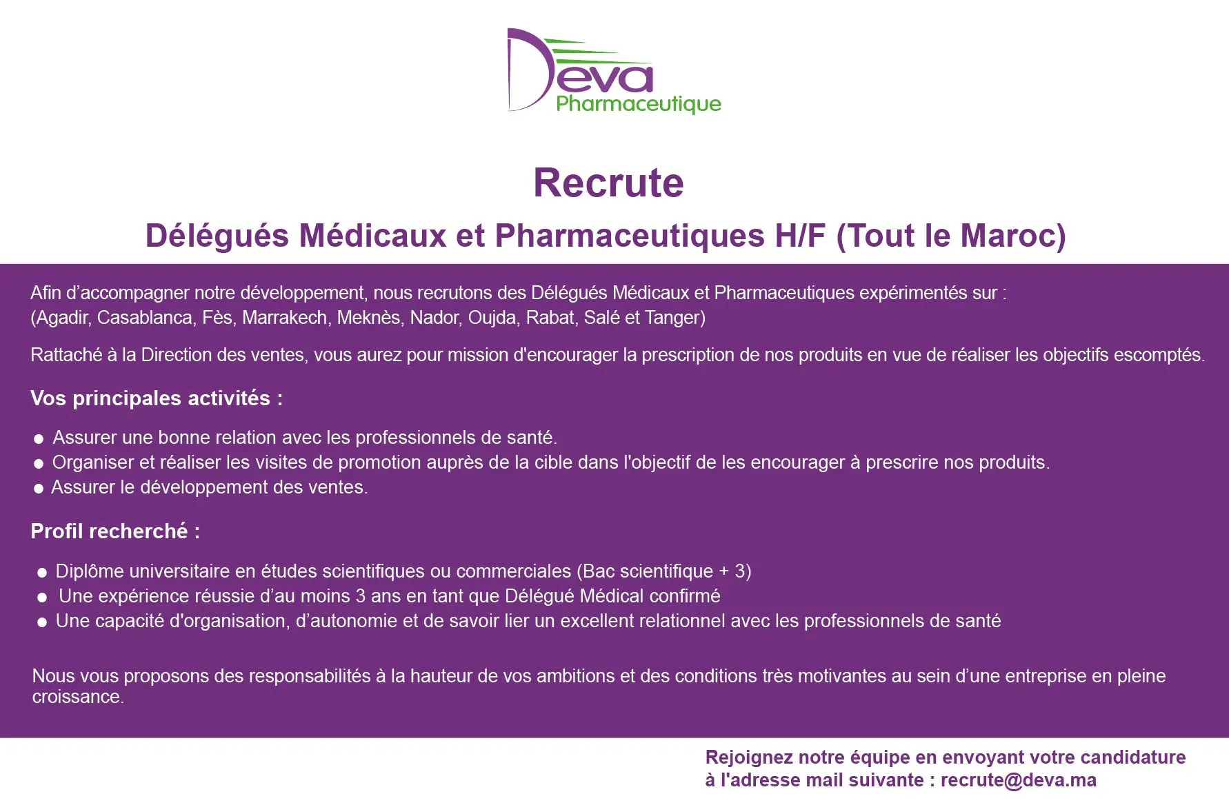 Deva Pharmaceutique recrute Délégués Médicaux et Pharmaceutiques
