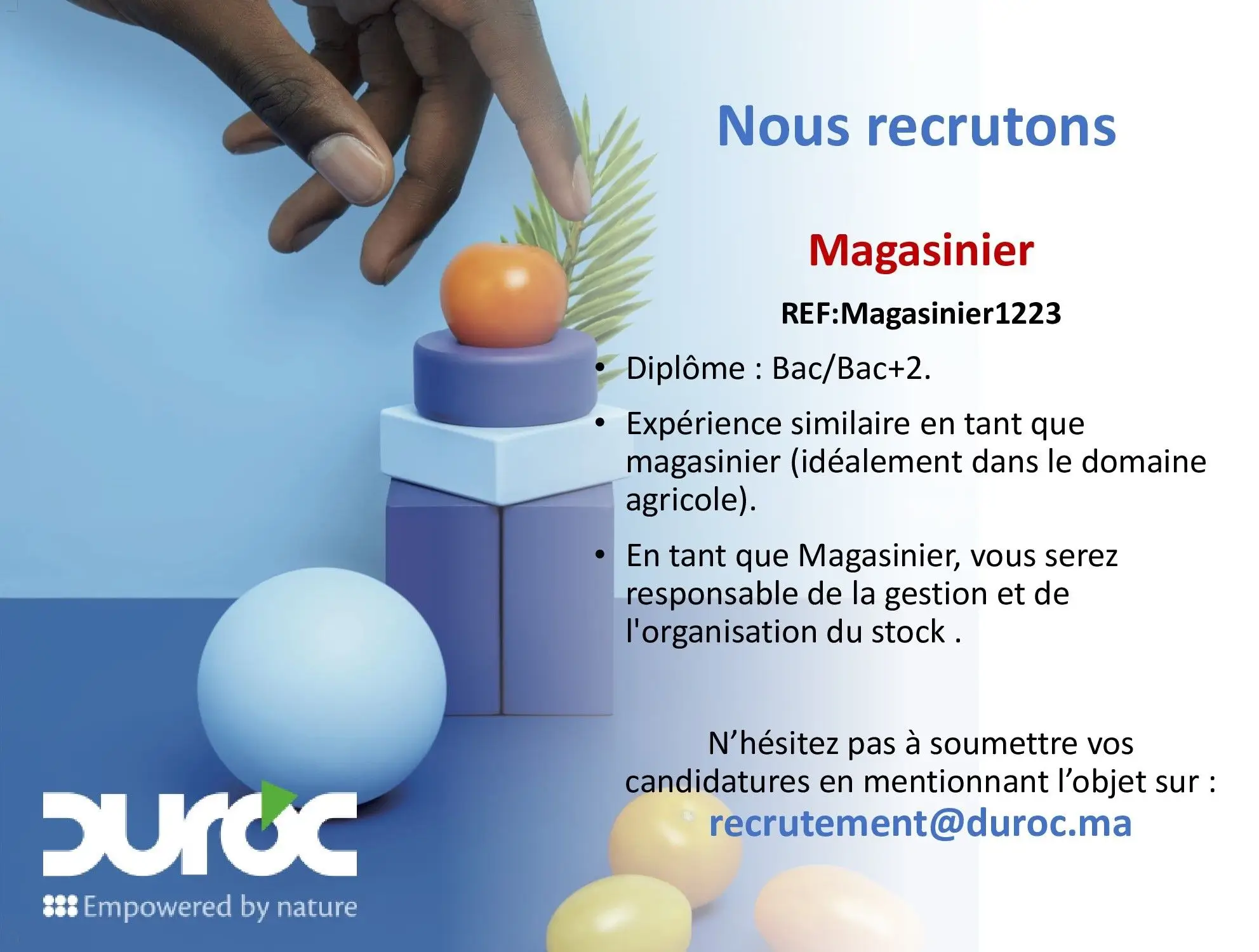 Duroc recrute des Magasinier Bac Bac+2