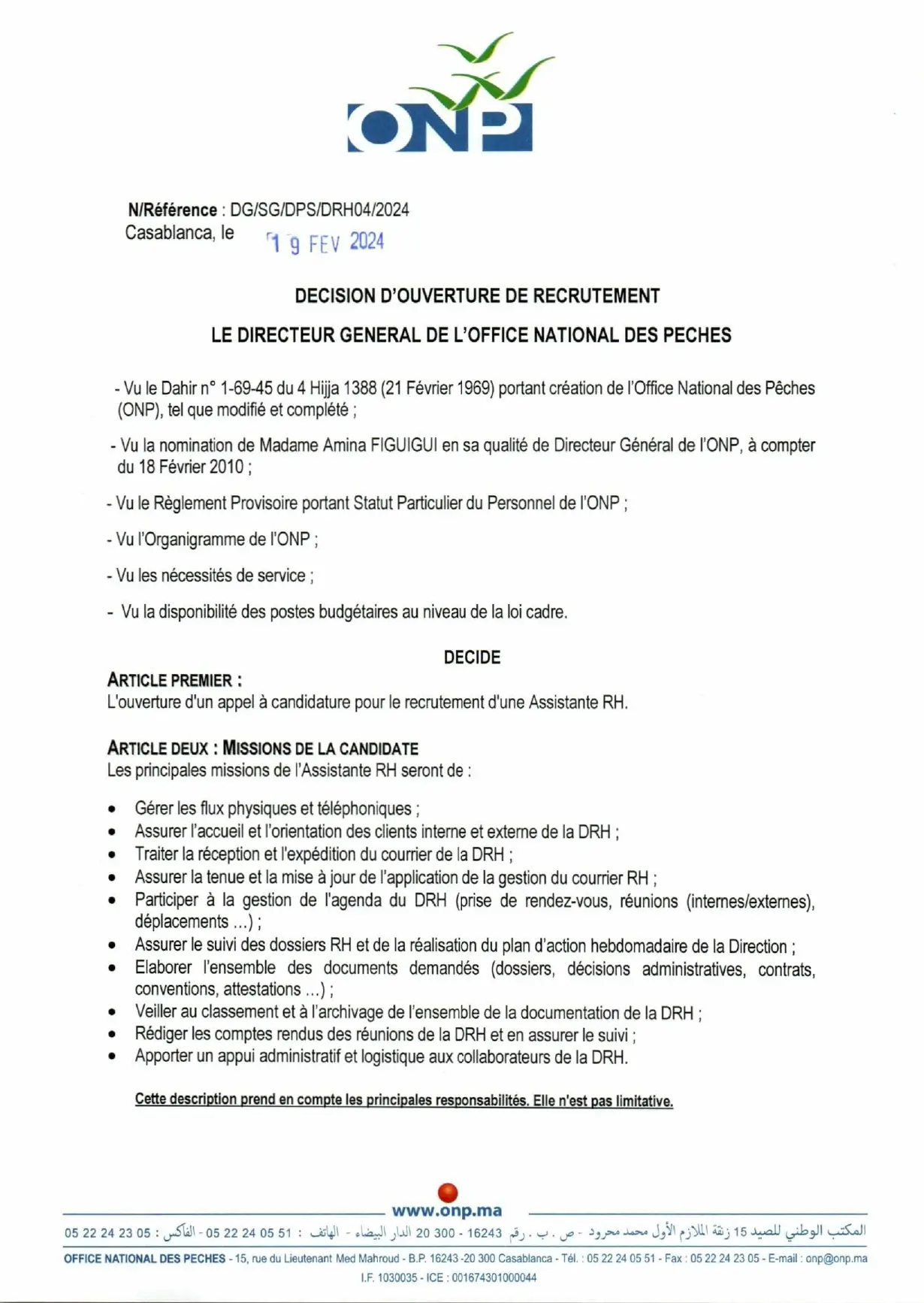 Office National des Pêches recrute Assistant(e) RH