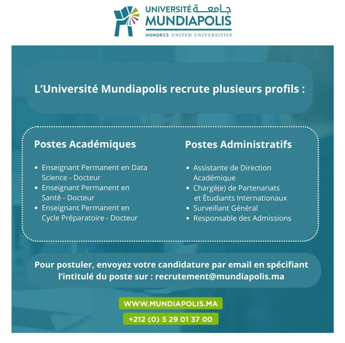 Université Mundiapolis recrute plusieurs profils 2024