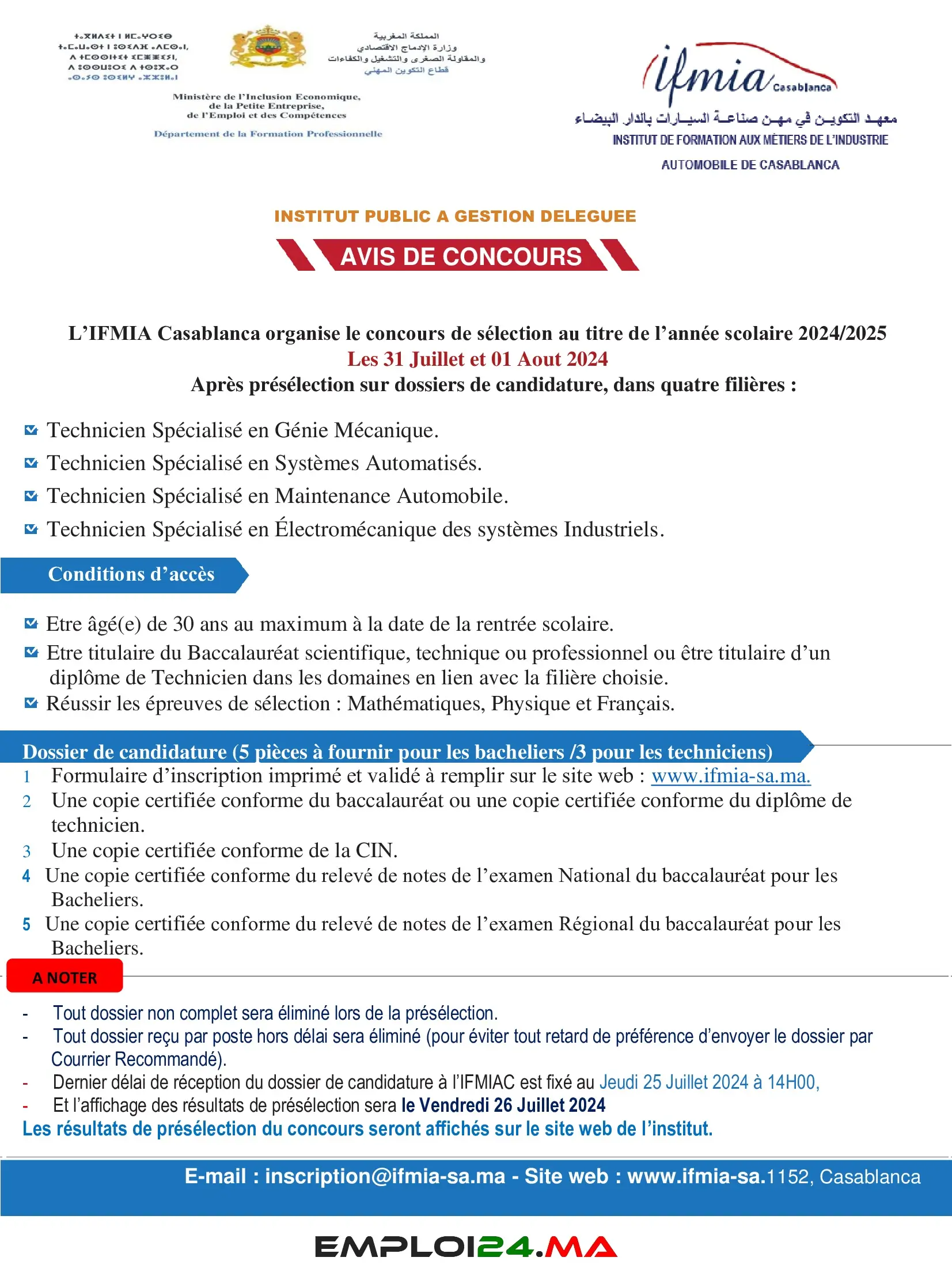 Inscription Concours IFMIA Casablanca 2024
