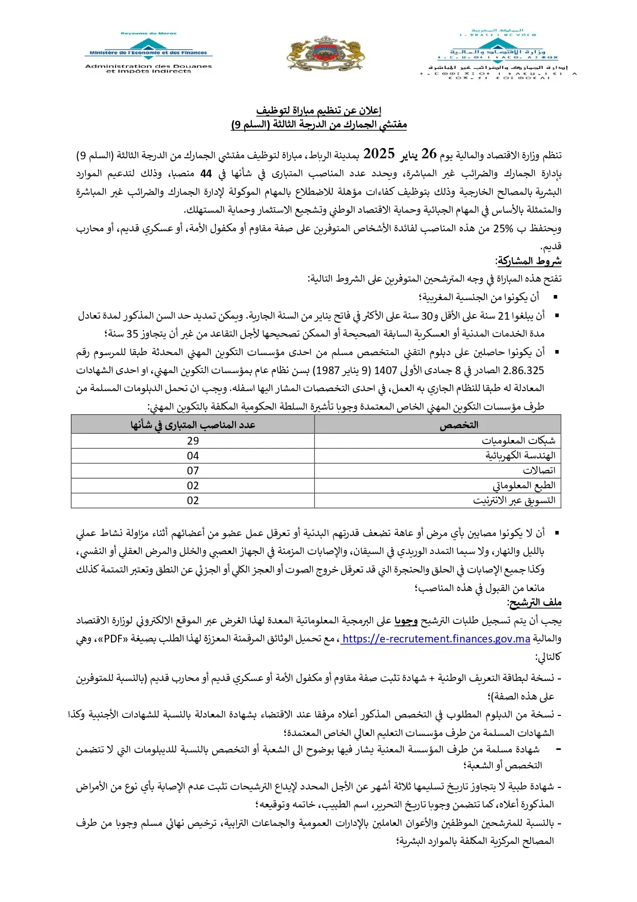 Concours Inspecteur des Douanes de 3ème grade 2025 (44 postes)