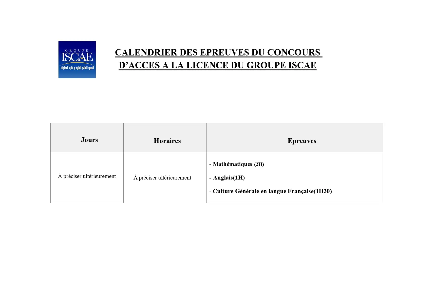CALENDRIER DES EPREUVES Concours ISCAE 2025