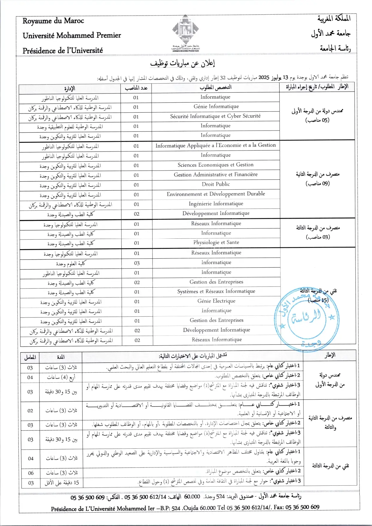 Concours Université Mohammed Premier 2025 (32 postes)
